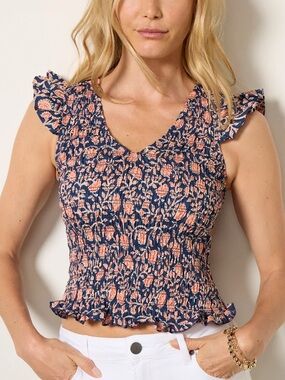 NWOT Evereve Eloise Flutter Cotton Top in Navy Red Floral Print size S